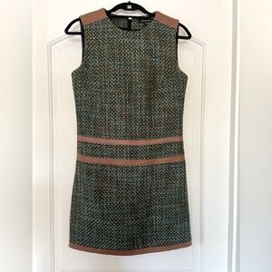 Rachel Roy Size 4 Tweed Dress green/turquoise/brown/gold w/brown 100% leather